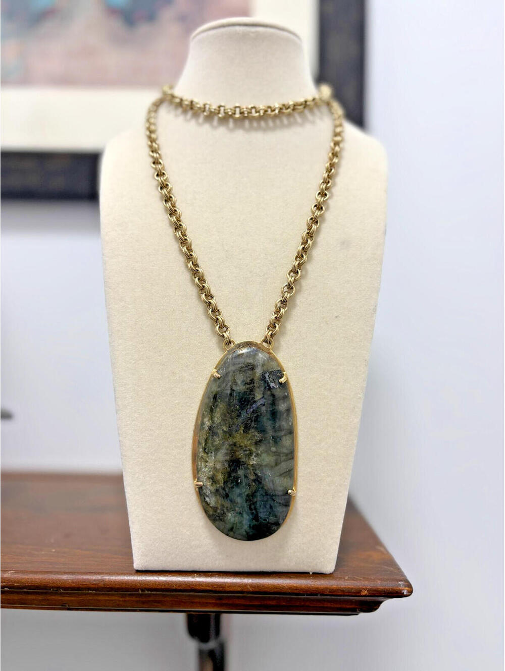 STELLA & DOT Huge Labradorite Stone Pendant Gold Tone Necklace Leona Boho Heavy